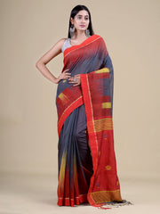 Grey & Red Silk Blend Handloom Saree