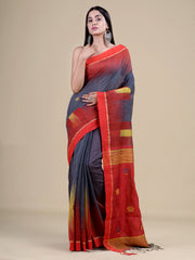 Grey & Red Silk Blend Handloom Saree