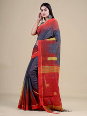 Grey & Red Silk Blend Handloom Saree