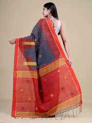 Grey & Red Silk Blend Handloom Saree