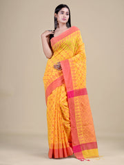 Yellow & Pink Silk Floral Design Handloom Saree