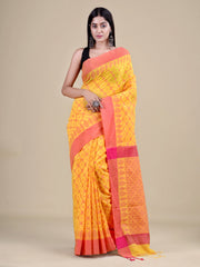 Yellow & Pink Silk Floral Design Handloom Saree