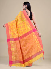 Yellow & Pink Silk Floral Design Handloom Saree