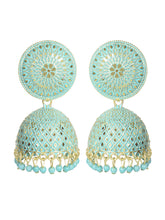 Sea green & Oxidised Gold-Plated Enamel Nakshi Jhumkas Earrings
