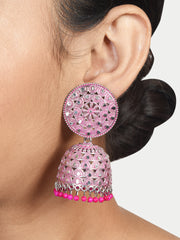 Pink & silver-Toned Dome Shaped Jhumkas