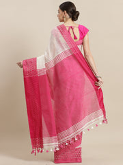 Laa Calcutta White  & Pink  cotton Handloom  saree