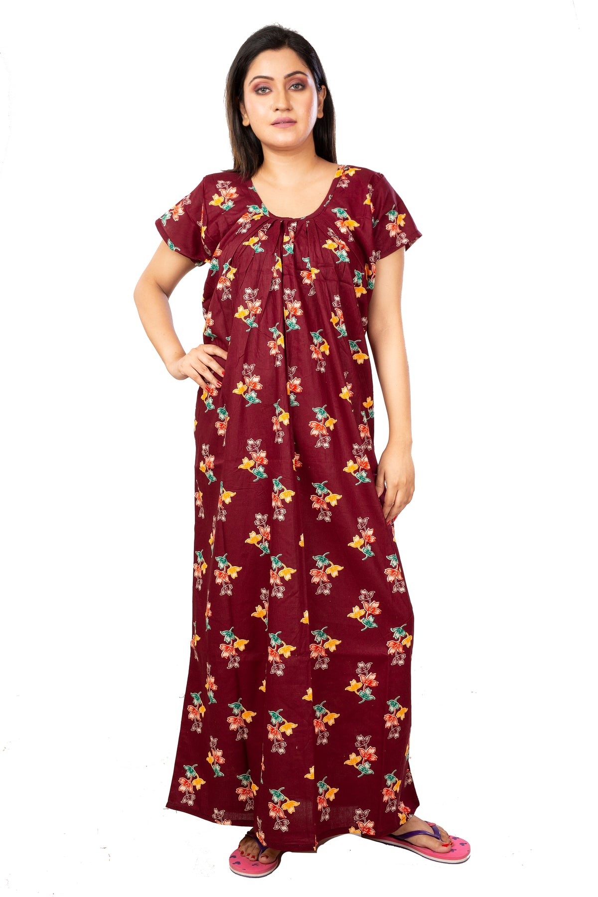 Maroon & Multi pure cotton floral nighty