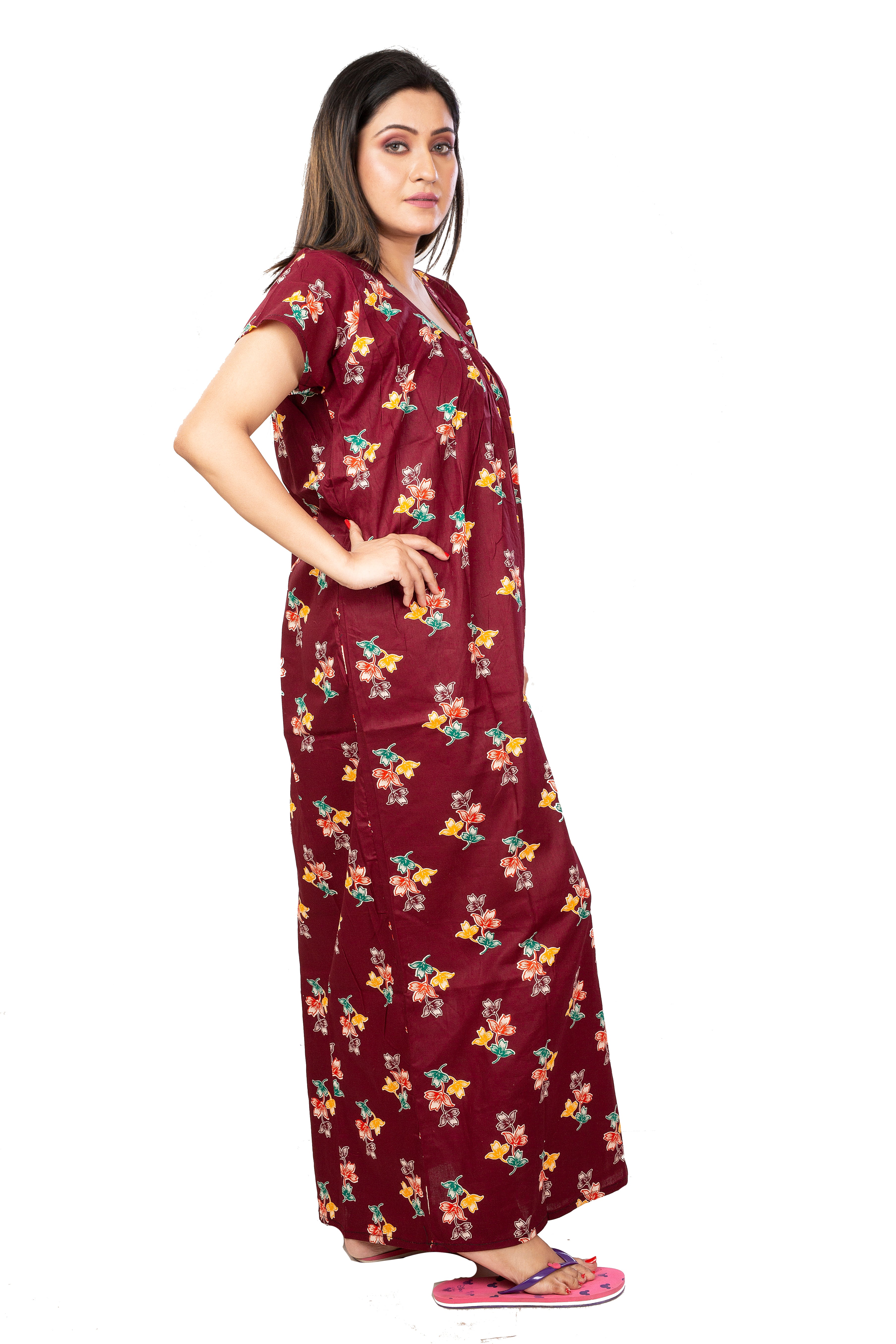 Maroon & Multi pure cotton floral nighty