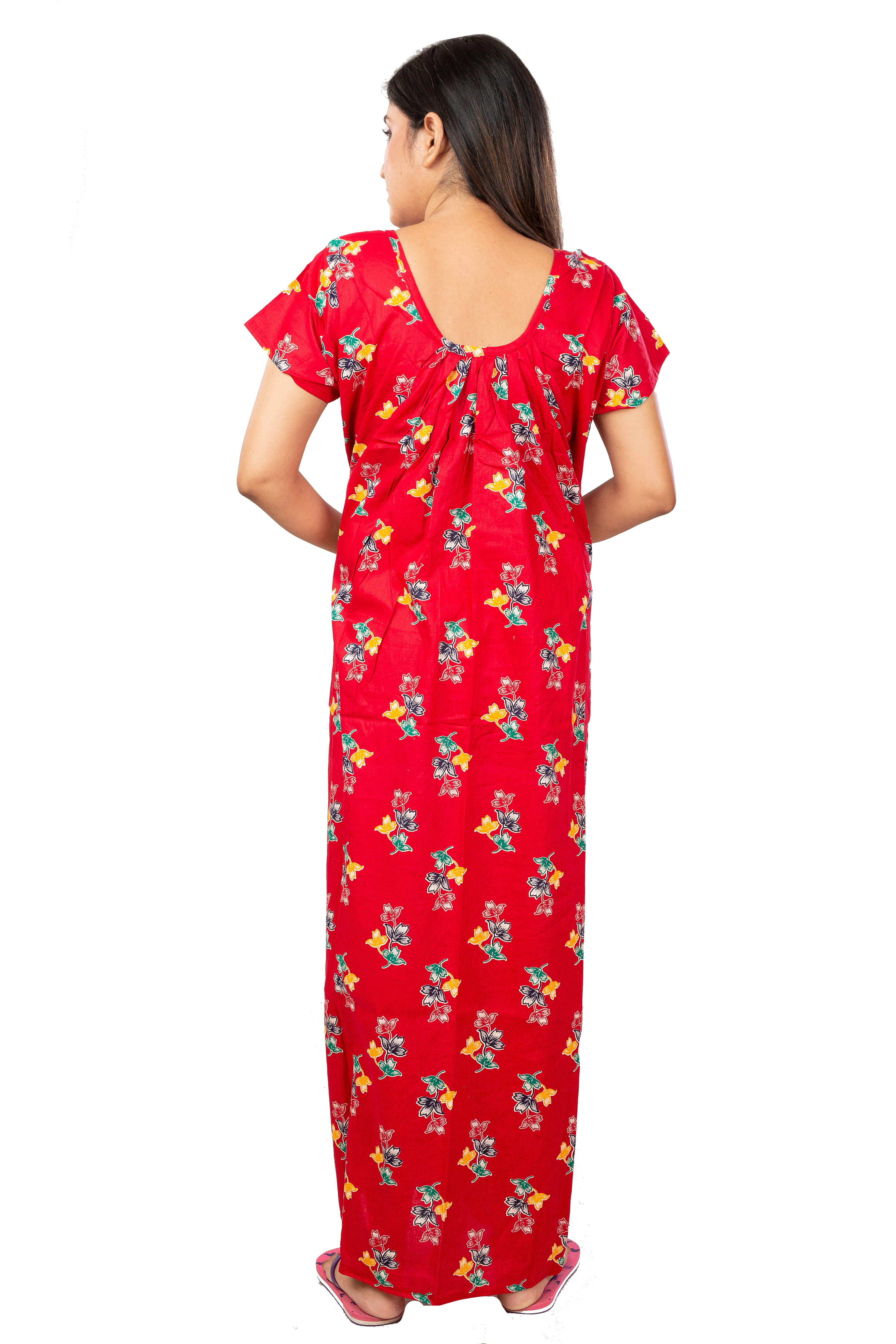 Red & Multi pure cotton floral nighty