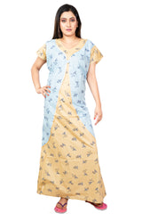 Beige & Blue pure cotton floral nighty