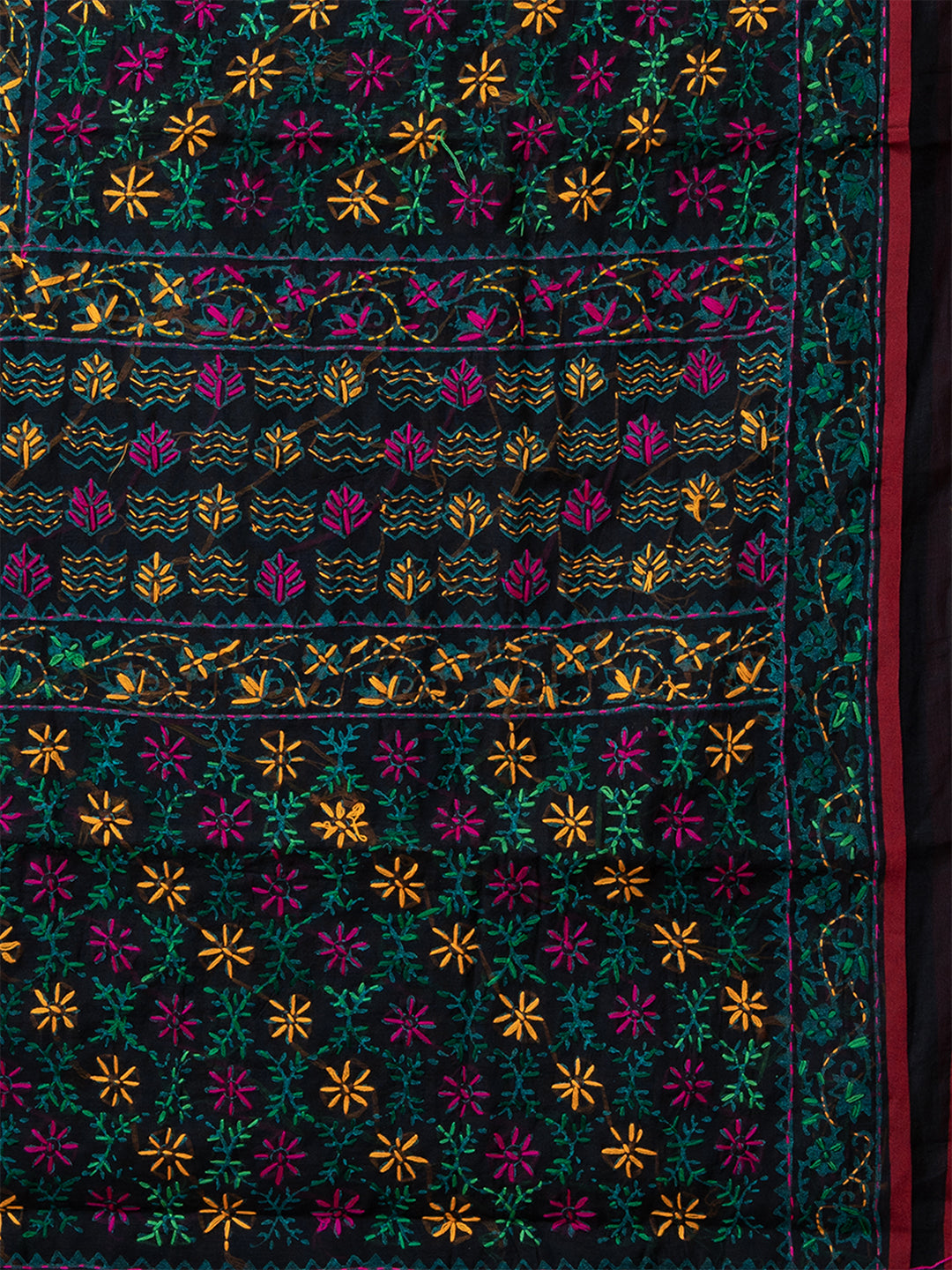 Laa Calcutta Black & Multi Chanderi silk printed pattterns hand woven embroidered kantha stitch saree for women