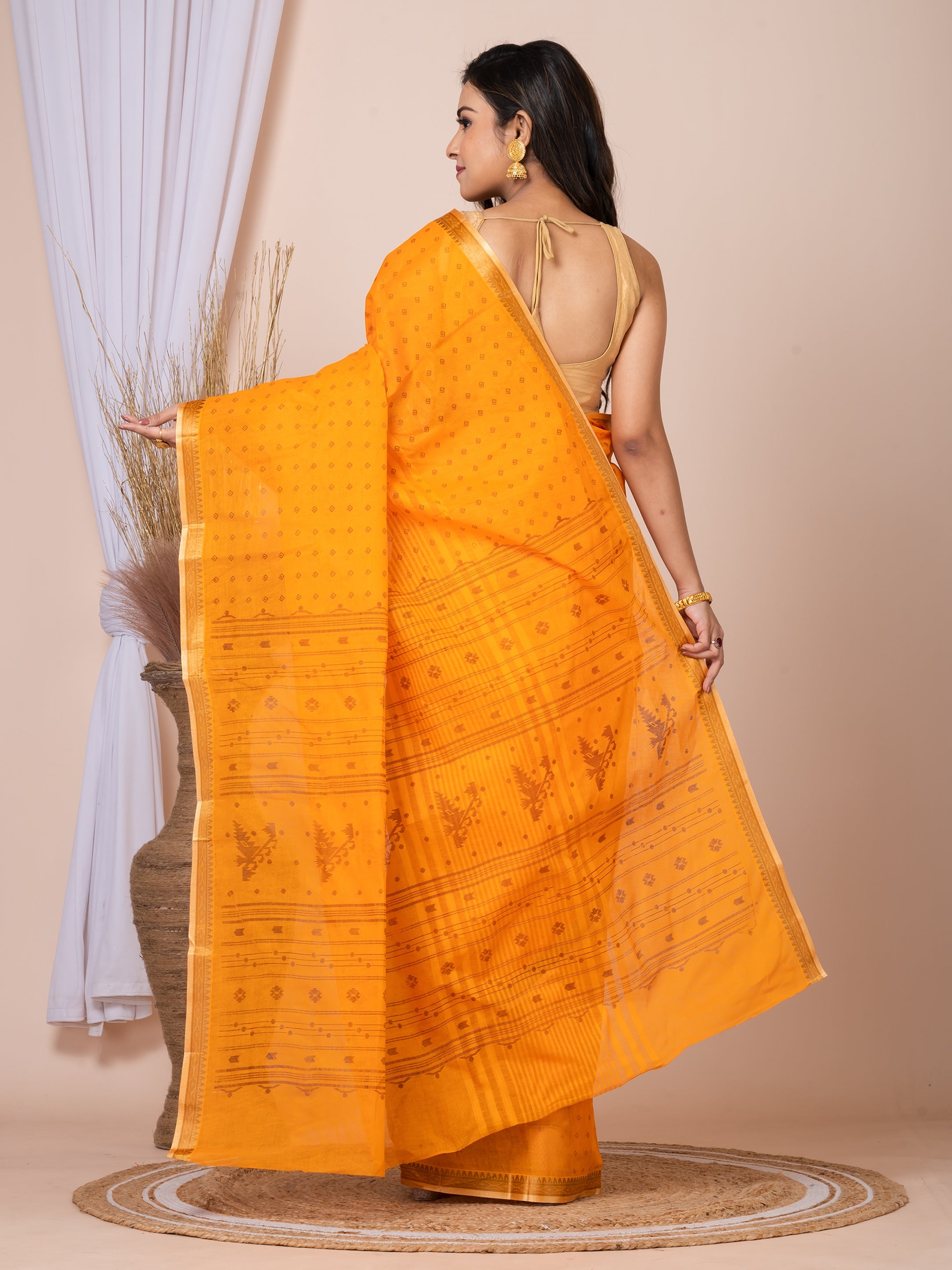 Laa Calcutta Orange & Brown printed taant saree