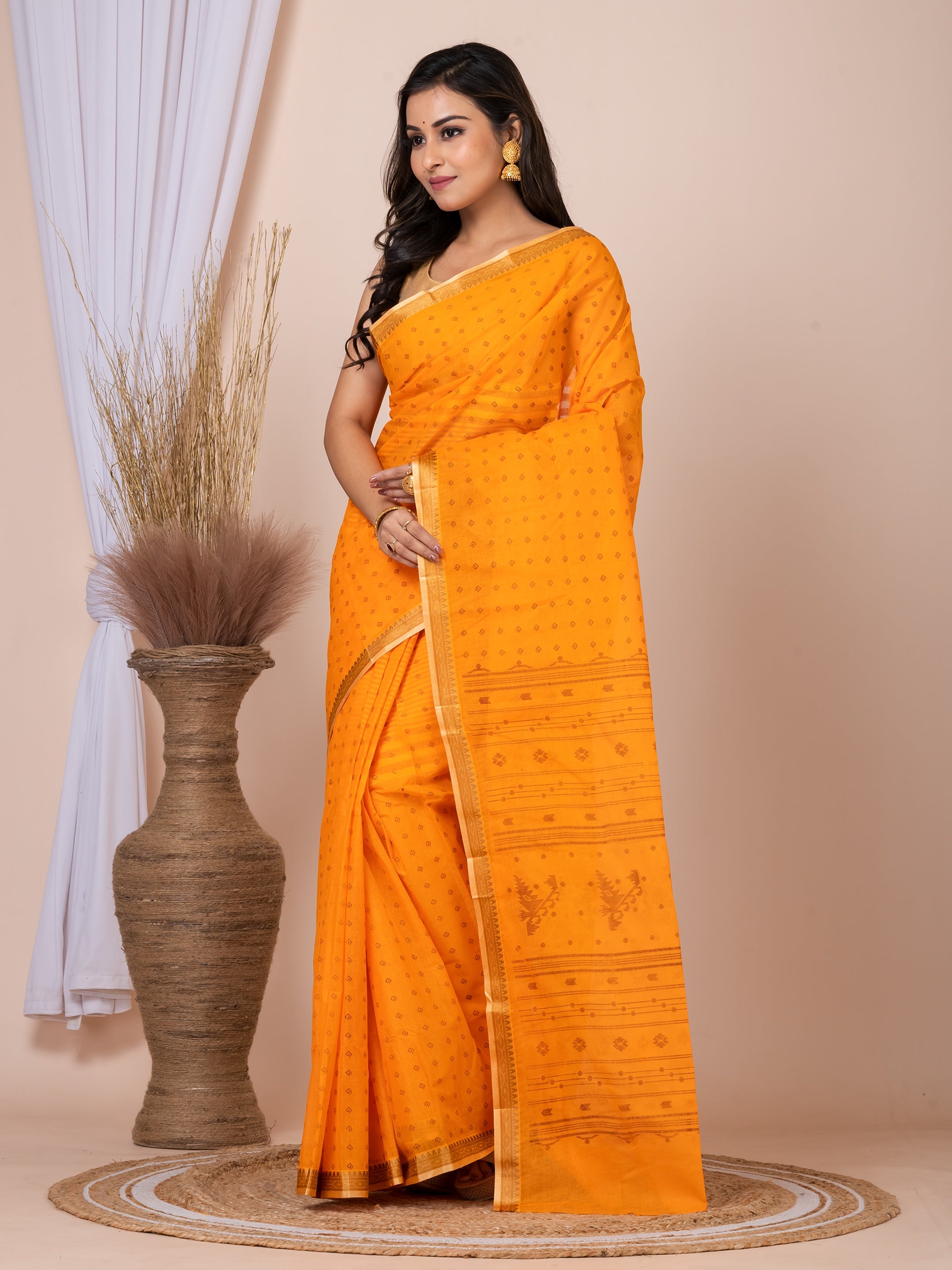 Laa Calcutta Orange & Brown printed taant saree