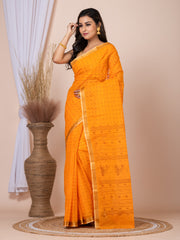 Laa Calcutta Orange & Brown printed taant saree