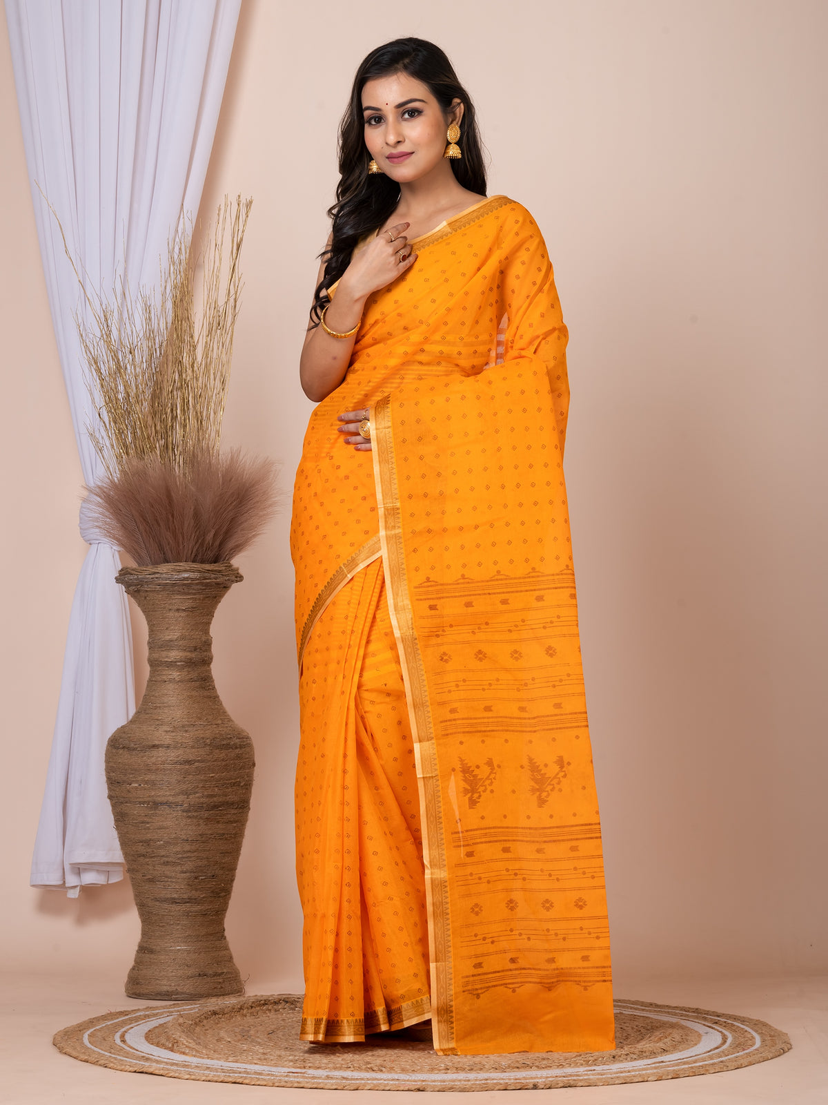 Laa Calcutta Orange & Brown printed taant saree