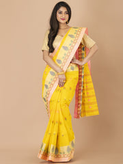 Yellow & White pure cotton taant saree