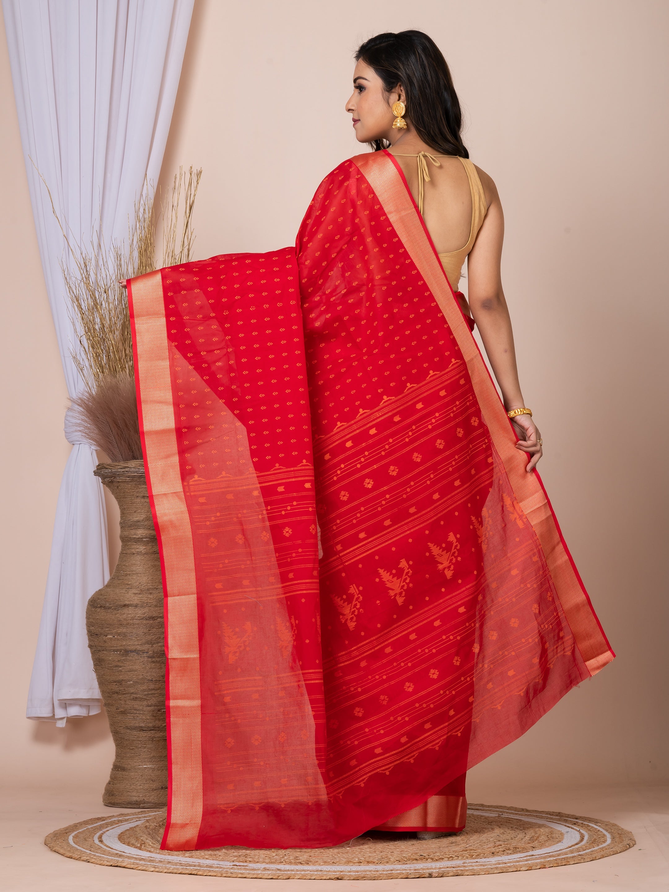 Laa Calcutta Red & Mustard printed pure cotton taant saree