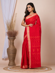 Laa Calcutta Red & Mustard printed pure cotton taant saree