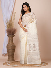 Laa Calcutta Off White & Copper printed pure cotton taant saree