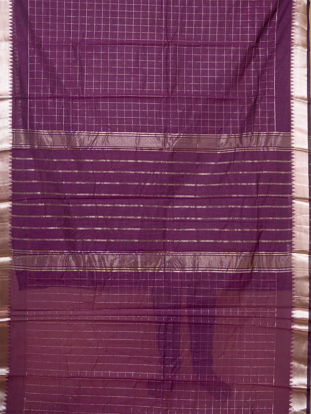 Laa Calcutta Purple silk blend checked golden zari par handloom saree for women