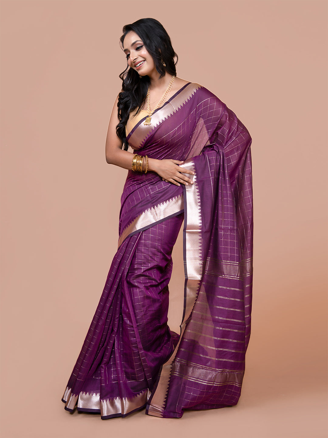 Laa Calcutta Purple silk blend checked golden zari par handloom saree for women