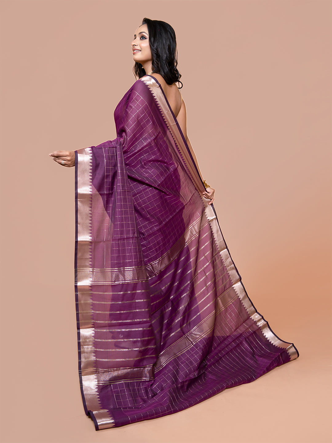 Laa Calcutta Purple silk blend checked golden zari par handloom saree for women
