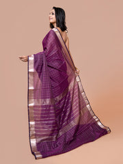 Laa Calcutta Purple silk blend checked golden zari par handloom saree for women
