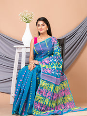 Laa Calcutta Blue & Multi pure cotton jamdani saree