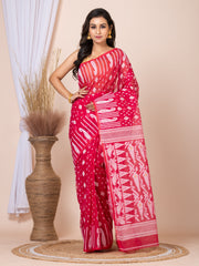 Laa Calcutta Pink & White Woven jamdani saree