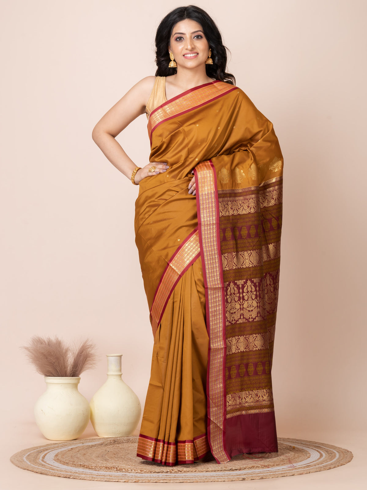 Gold & Maroon Zari work Bombkai silk saree