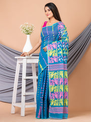 Laa Calcutta Blue & Multi pure cotton jamdani saree