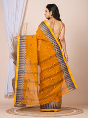 Laa Calcutta Mustard Yellow & Navy Blue women pure cotton  Taant saree