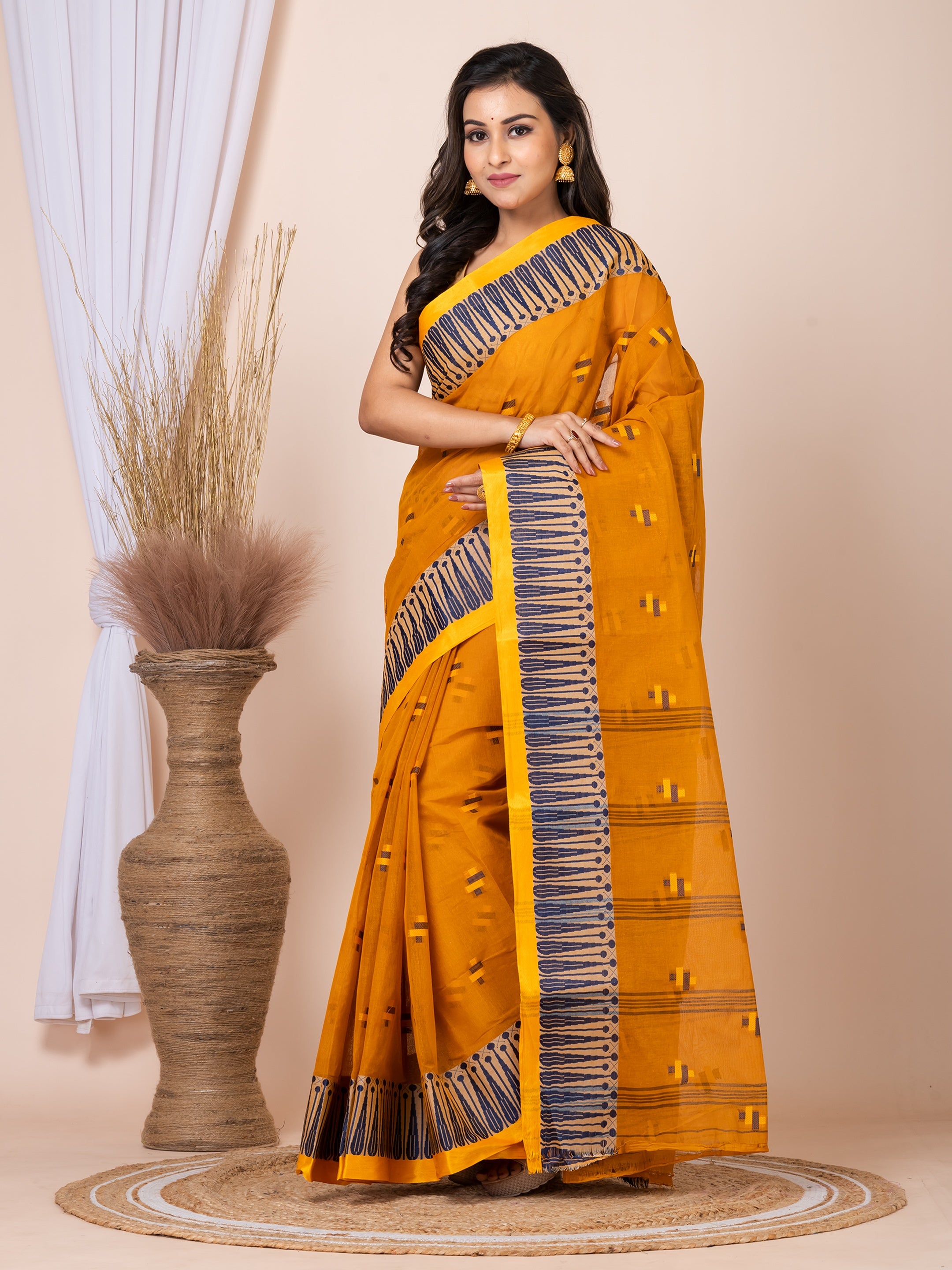 Laa Calcutta Mustard & Navy Blue women pure cotton  Taant saree