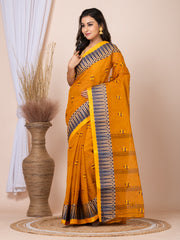 Laa Calcutta Mustard Yellow & Navy Blue women pure cotton  Taant saree