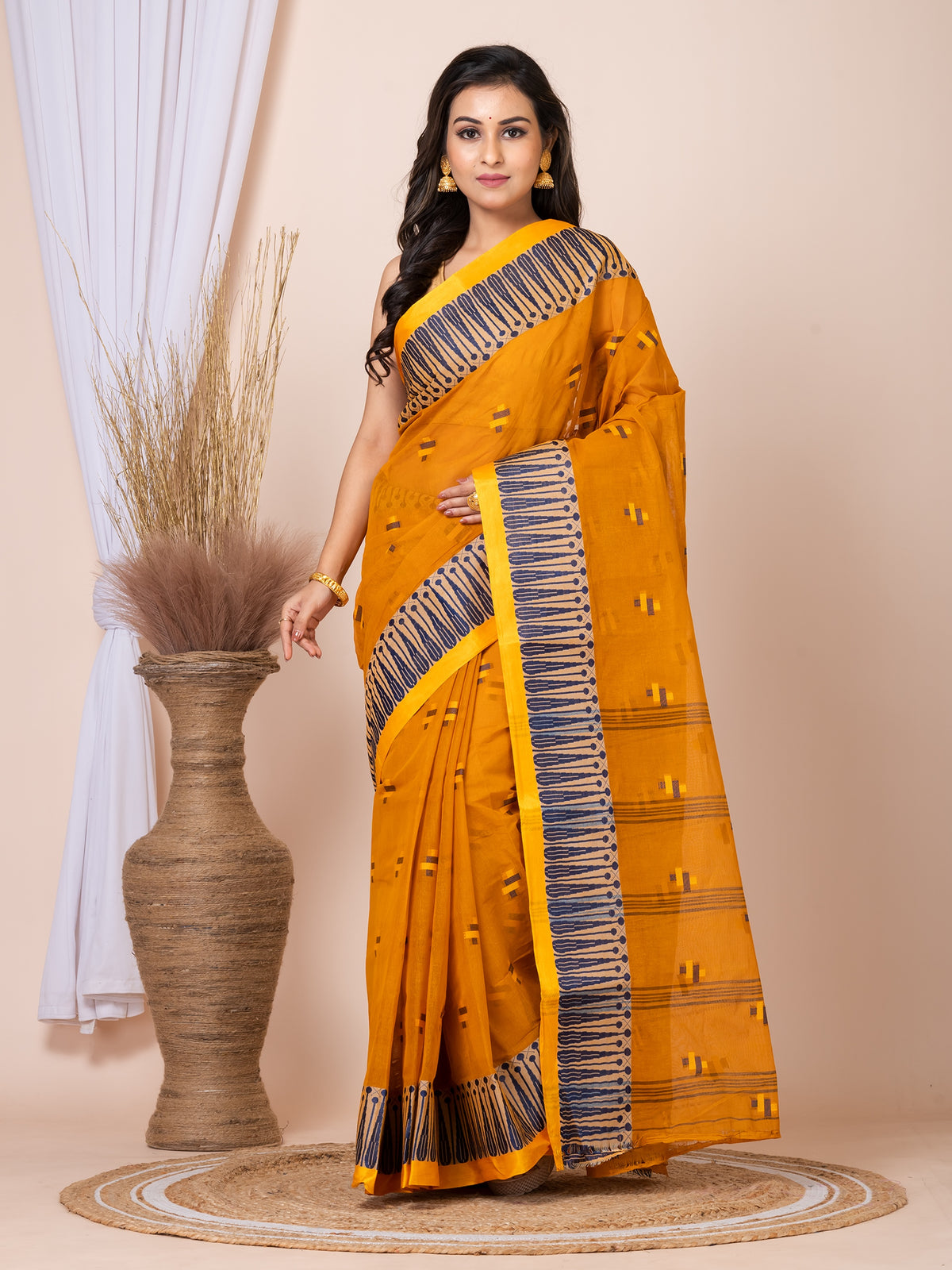 Laa Calcutta Mustard Yellow & Navy Blue women pure cotton  Taant saree