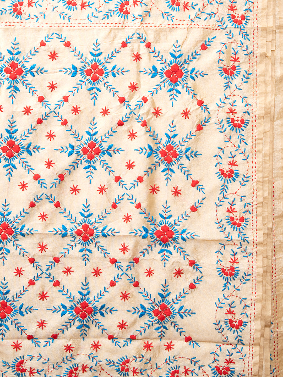 House of Arli Beige & Multi silk blend embroidered kantha work saree for women