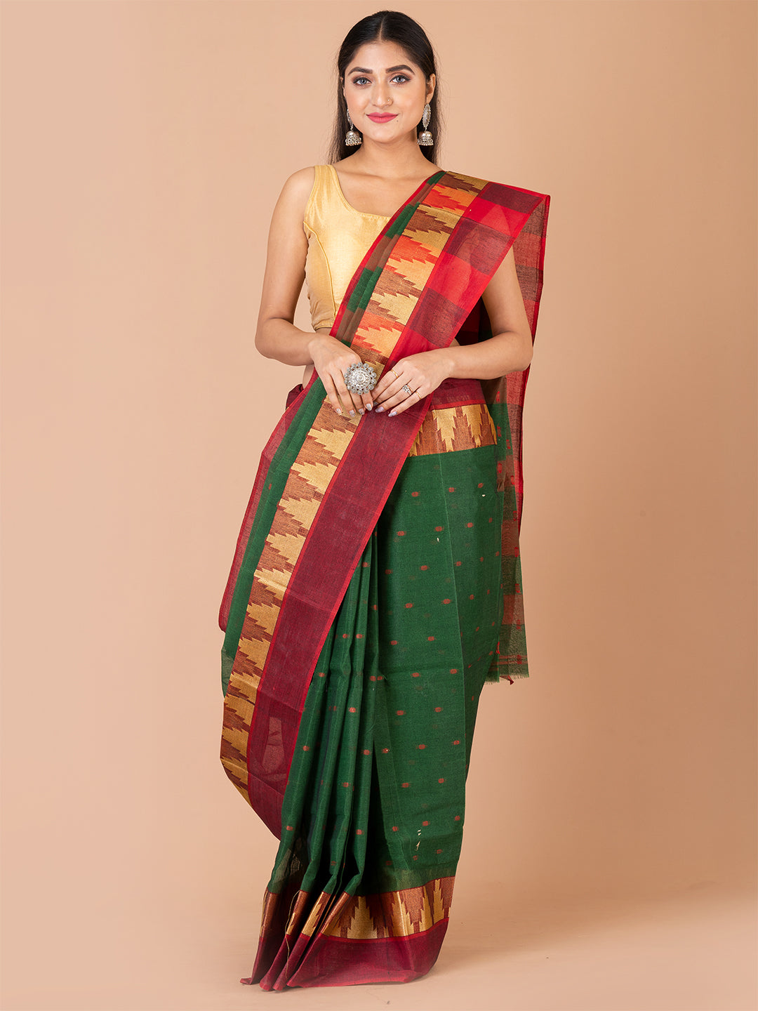 Green & Multi pure cotton taant saree