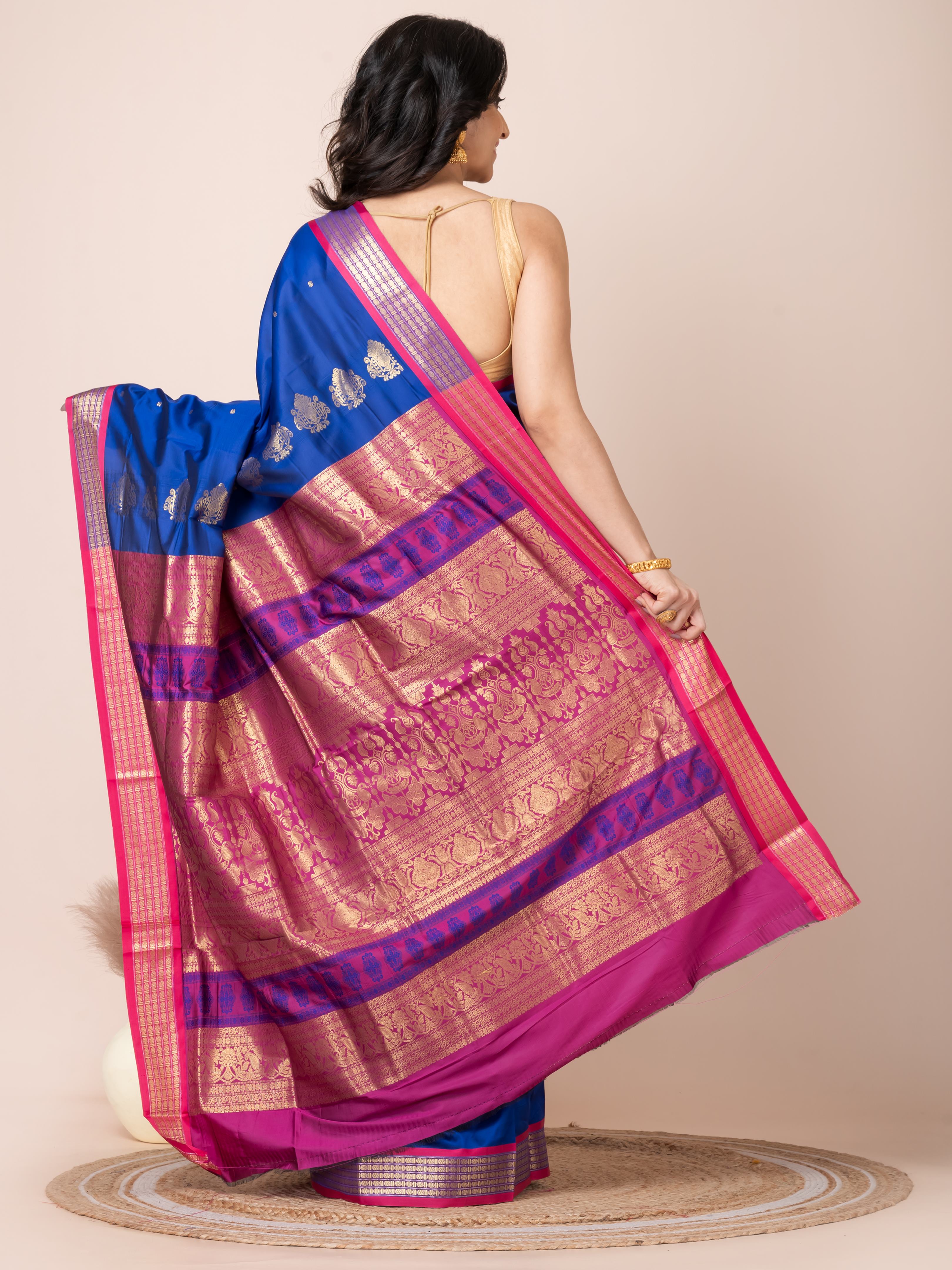 Blue & Magenta Zari work Bombkai silk saree