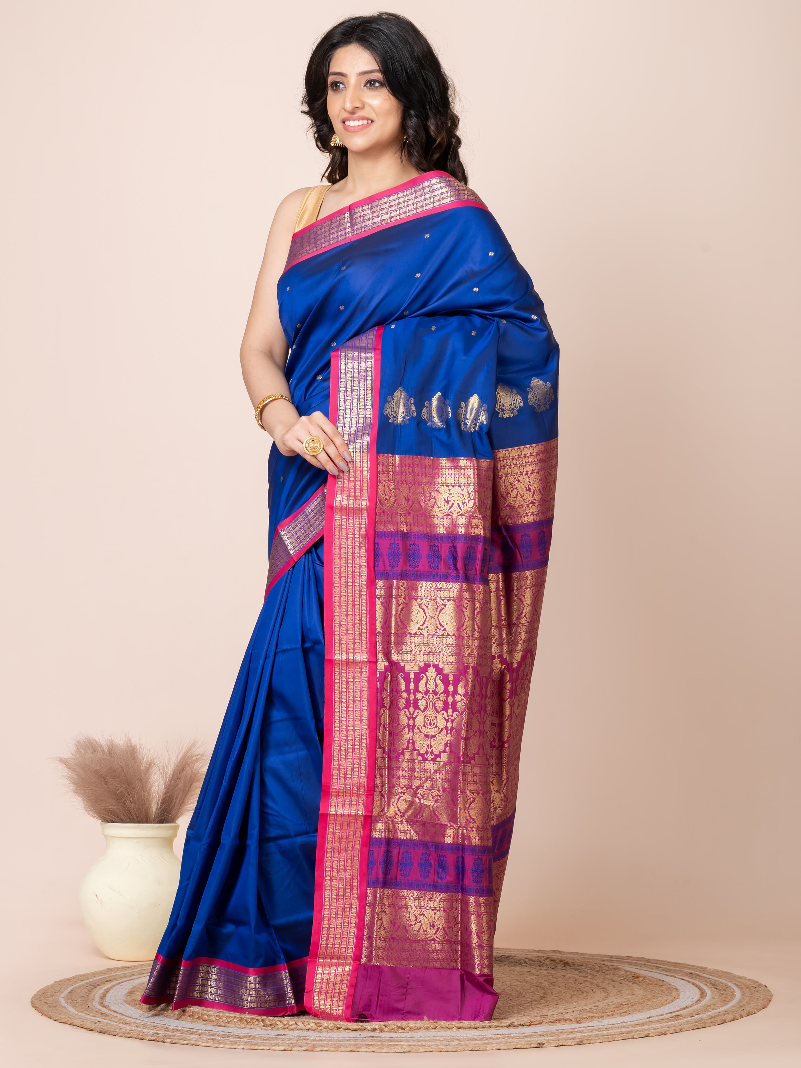 Blue & Magenta Zari work Bombkai silk saree