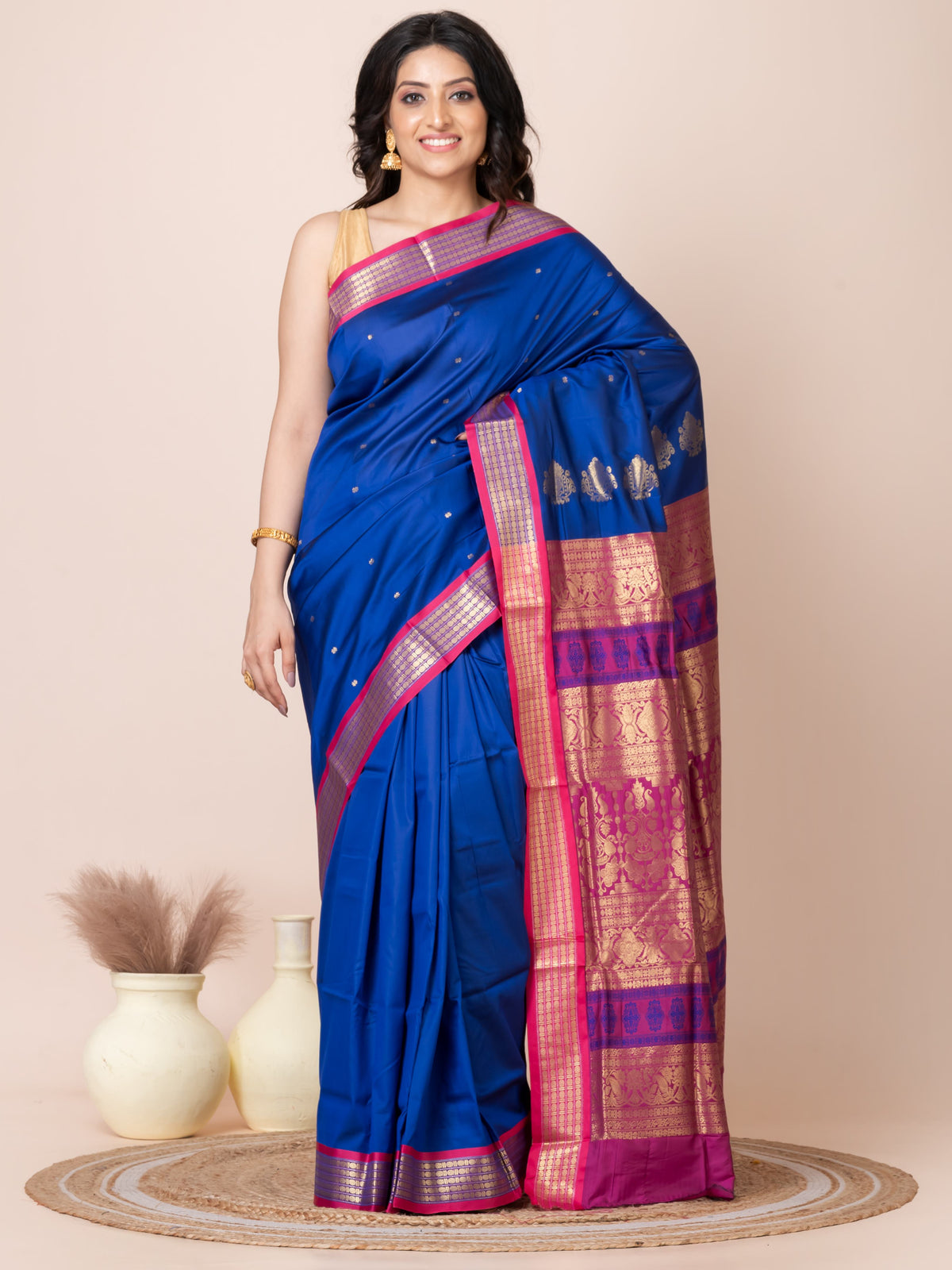 Blue & Magenta Zari work Bombkai silk saree