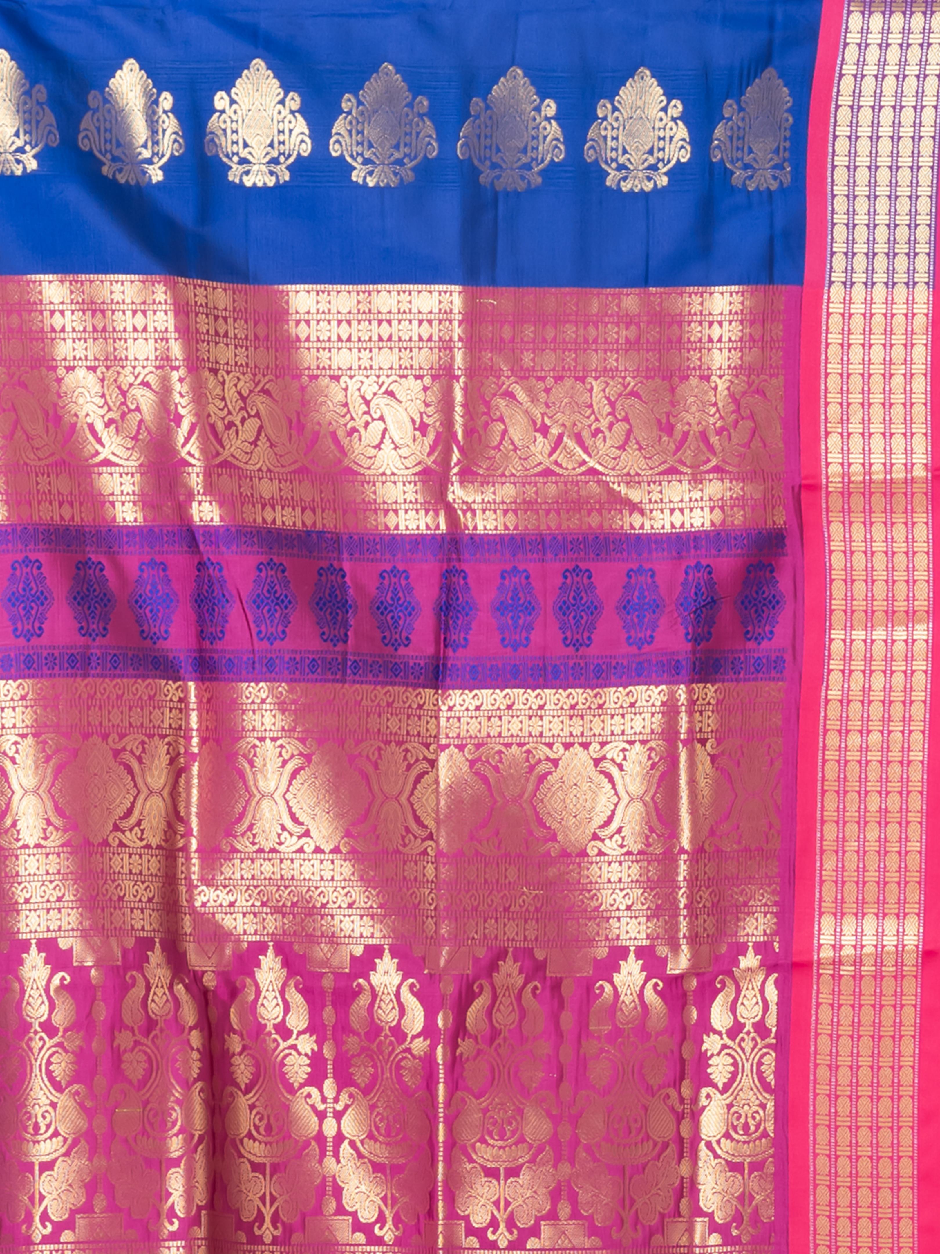 Blue & Magenta Zari work Bombkai silk saree