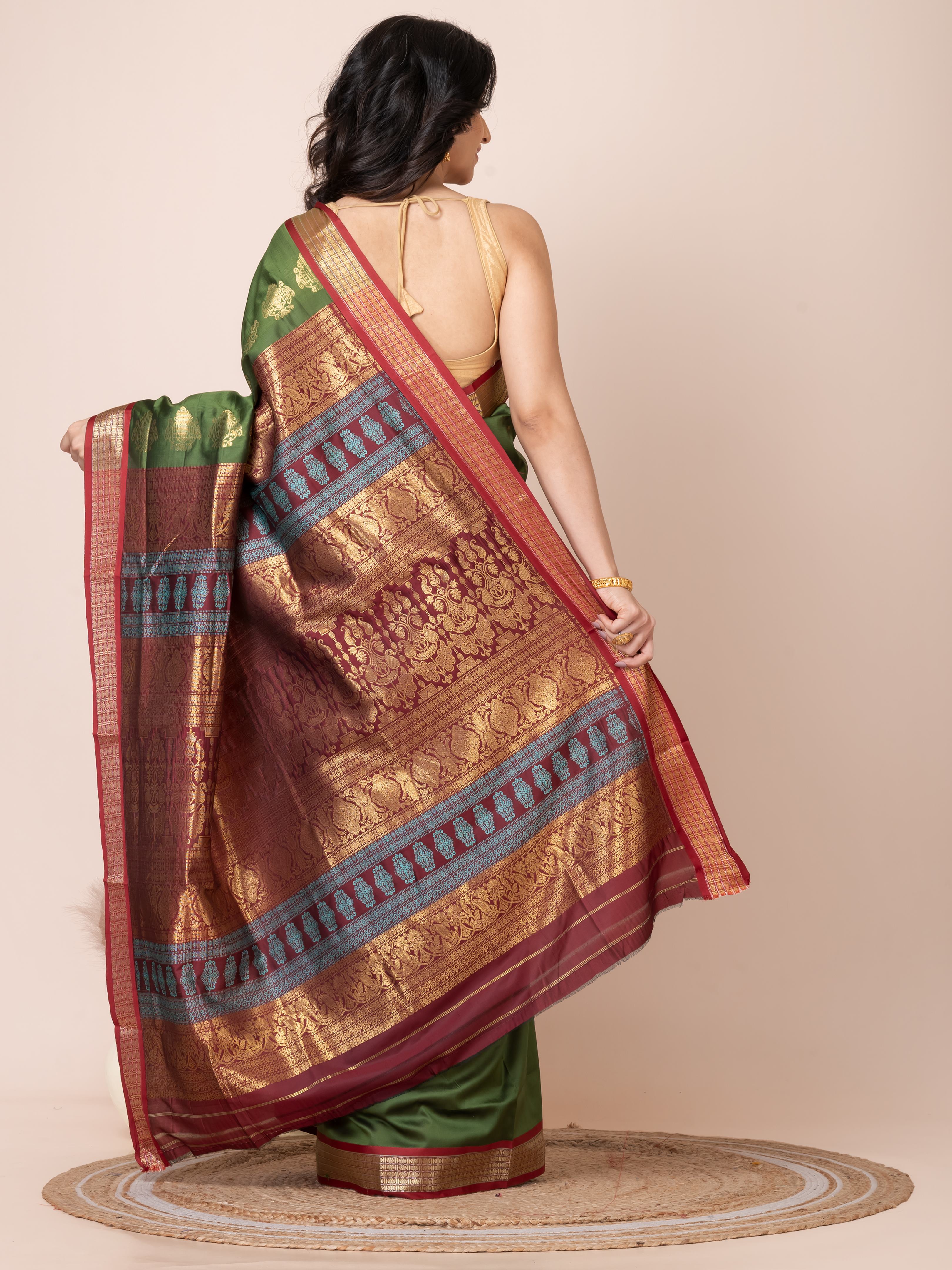 Green & Maroon Zari work Bombkai silk saree