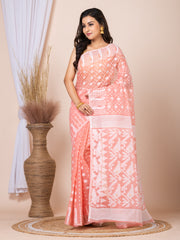 Laa Calcutta Peach & White Women Woven floral design Pure cotton taant jamdani saree