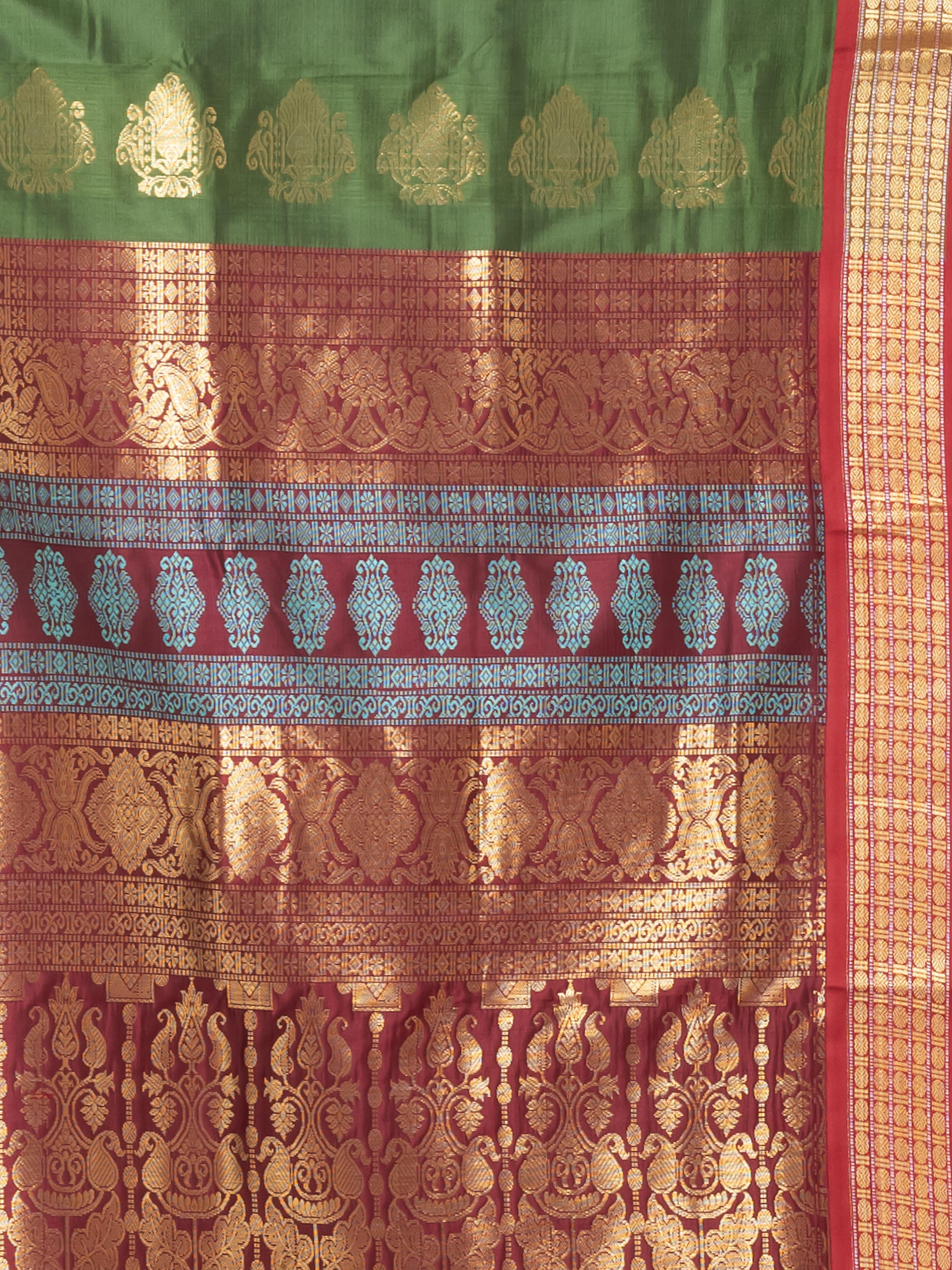 Green & Maroon Zari work Bombkai silk saree