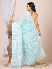 Laa Calcutta Sea Green & White Woven jamdani saree