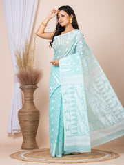 Laa Calcutta Sea Green & White Woven jamdani saree