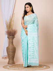 Laa Calcutta Sea Green & White Woven jamdani saree