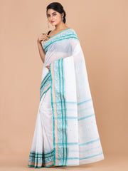 White & Green pure cotton woven design taant saree