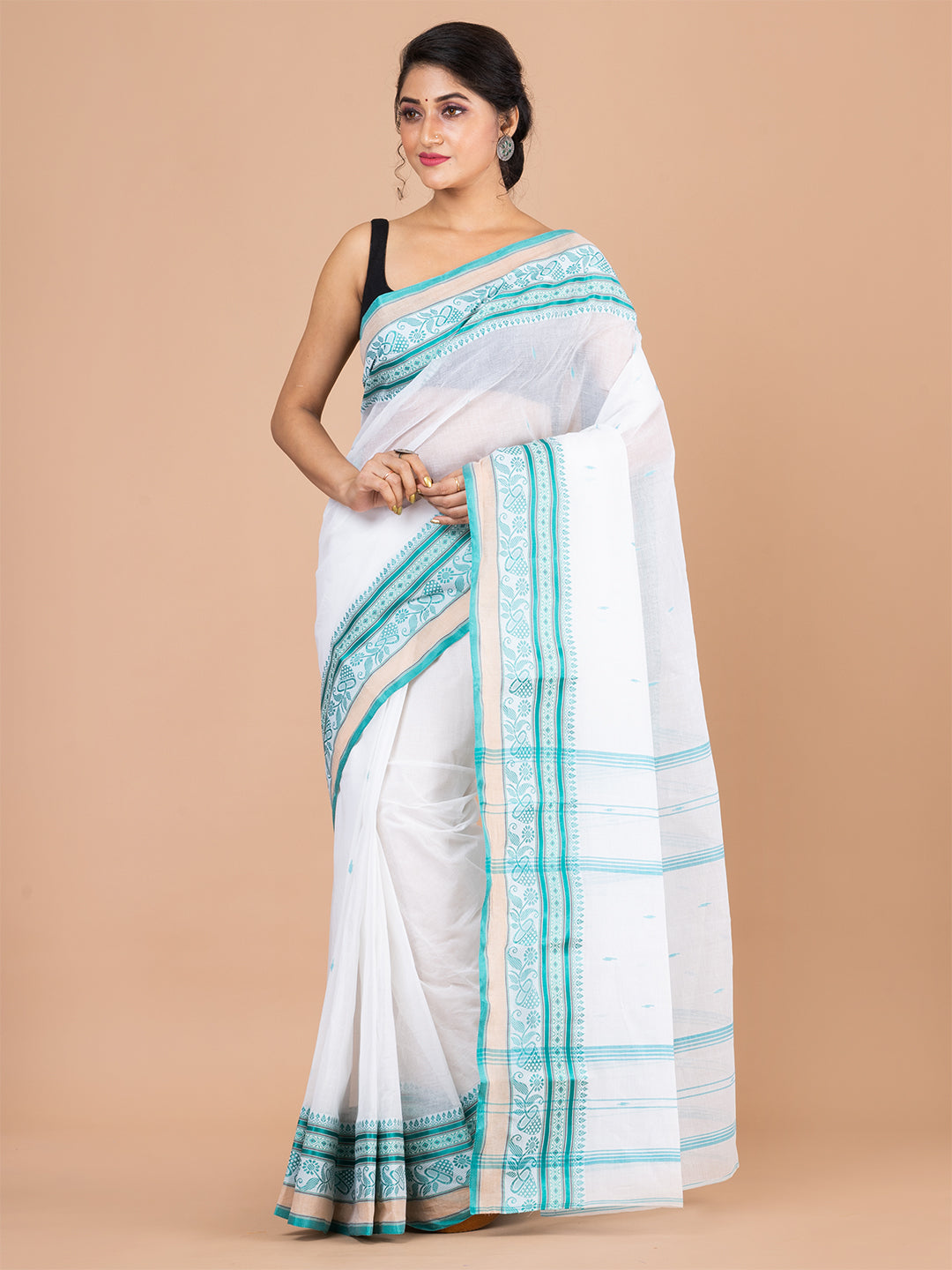 White & Green pure cotton woven design taant saree