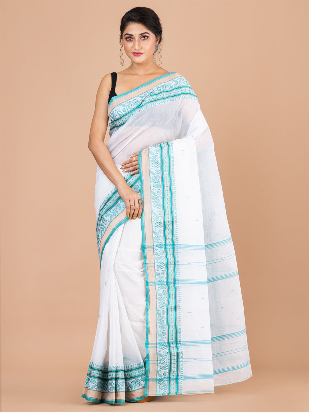 White & Green pure cotton woven design taant saree